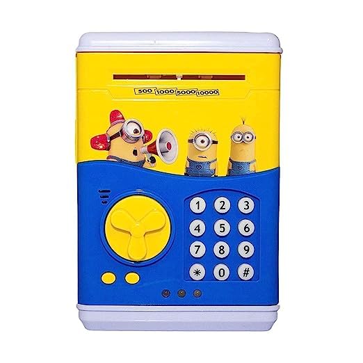 NO.1 FIRST CHOICE Piggy Bank ATM for Kids Money Safe Savings with Password Box Toy Coin Rupee Note Machine Electronic Lock Mini Electric Secret Store Password (Doraemon) (Minion)
