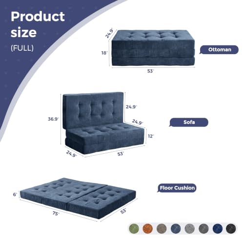 Image of MAXYOYO 6 inch Folding Sofa Bed for Floor, Tufted Tri-Fold Floor Mattress | Full Size Portable Sofa Couch Guest Mat with Chenille Fabric for Adults, Foldable Topper for Camping, Dusty Blue, Full