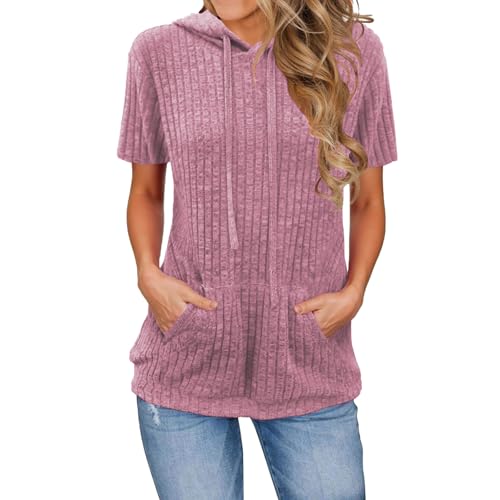 Womens Tops Short Sleeve Hoodies Waffle Knit Pullover Sweatshirts Casual Oversized Shirt with Kangaroo Pockets