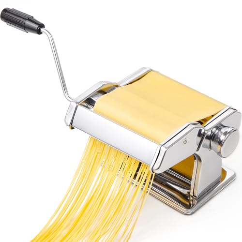 Pastamaschine aus Edelstahl manuelle Nudelmaschine mit 9 Teigstärken & 2 Schnittbreiten für Spaghetti Tagliatelle Lasagne Fettuccini (Silber)