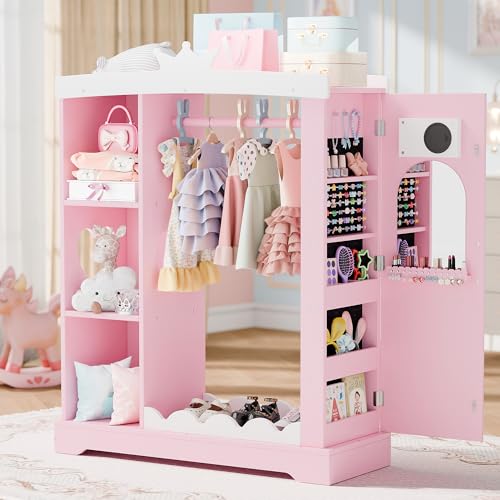 Kids Closet with Jewelry Cabinet, Dress up Storage with Shelves&Mirror, Costumes Wardrobe Closet with Hanging Rack for Toddlers,Organizer for Bedroom, (Kids’ Armoires, Pink)