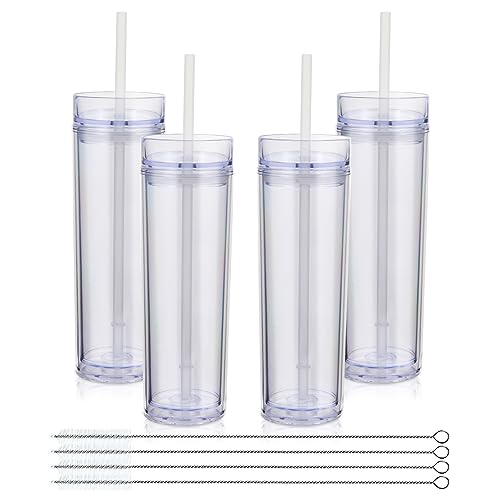 Volhoply 16oz 470ml Plastic Skinny Tumblers with Lid and Straw Bulk, Transparent, 16 ounces
