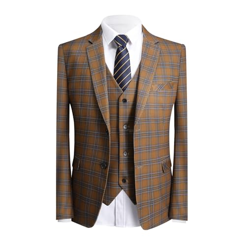 YFFUSHI Men's Plaid Tweed 3 Piece Suit Slim Fit Button Dinner Suit Tuxedo2