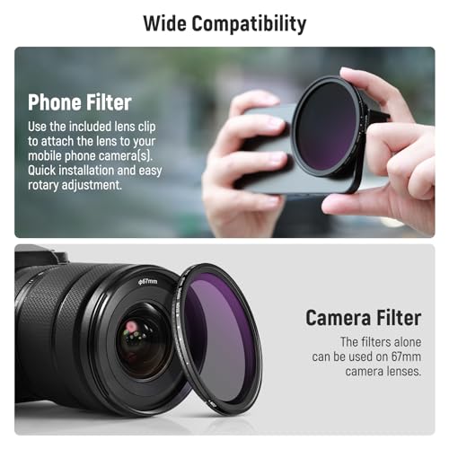 Image of NEEWER 67mm Clip On Variable ND Filter Kit with Cold Shoe Phone Clip, Adjustable ND2-32 Filter Compatible with iPhone 17 16 15 Pro Max Plus Android Samsung Galaxy S24 S25 Ultra