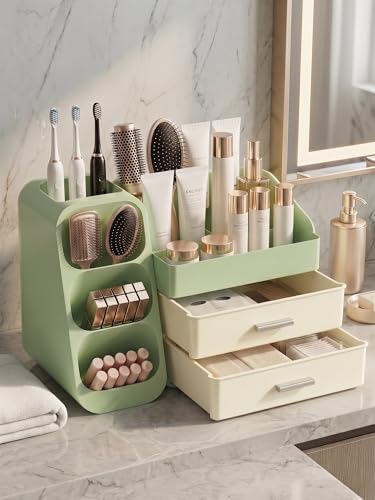 Image of Booklov Makeup Organizer for Vanity, Large Capacity Cosmetic Display Case with Drawers, Countertop Beauty Storage Holder for Skincare, Brush Eyeliner Eyeshadow Lipsticks, Counter Desk, Cream Green