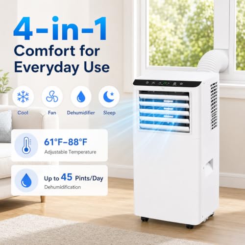 Image of 8,000 BTU Portable Air Conditioners, Portable AC Unit for Basement & Bedroom, Remote & Auto Evaporation, 4-in-1 Cooling Unit, Floor AC, Covers Rooms up to 350 Sq.Ft, Sleep Mode, Remote Control