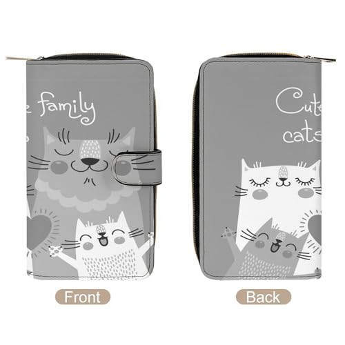 Nugier Women Soft PU Leather Wallet, Zipper Card Case Clutch Credit Bills Money Crash Coin 7.8x4.3x1.4 in Holder Purse Print Cute Cats Family Parents Black Grey Pattern4