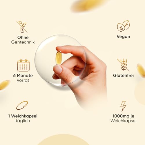 Nachtkerzenöl Weichkapseln - 1000 mg pro Softgel - 6 Monate Vorrat - 180 vegane Softgels - Omega 6 (Linolensäure, GLA) & 9 - Evening Primrose Oil - Frei von Gluten & Gentechnik - WeightWorld