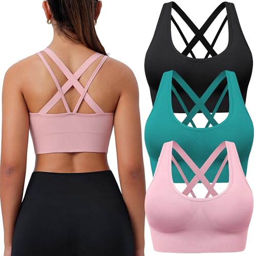 Image of BLUELILY Sports Bra for Women Medium Support Criss Cross Strappy Bras Seamless Padded High Impact Yoga Athletic Exercise Bras