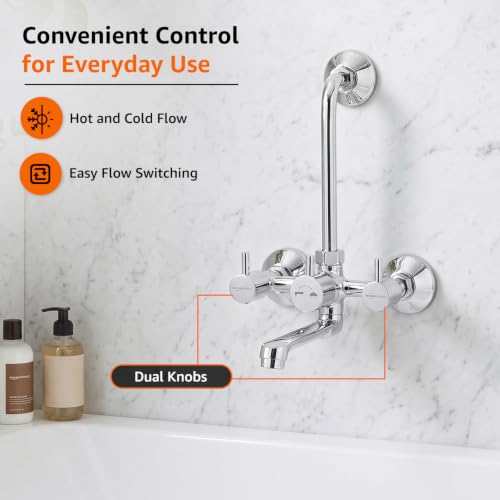 Image of Amazon Basics Wall Mixer | Dual Flow Type | ABS Plastic Body with Ceramic Disc Cartridge and L-Bend Provision | 1 /2 BSP Inlet | Bathroom Use [Chrome]