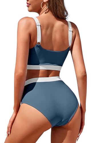 Image of Womens High Waisted Bikini Sets Sporty Crop Top Color Block Swimwear Bandeau Scoop Neck Vintage Two Piece Bathing Suits