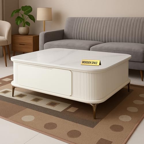 Image of WOODEN SPACE Premium Solo Marble-Top Wooden Center Table for Living Room | Iron Legs | PVD Coating | Modern Entryway Furniture | Coffee Table (White)