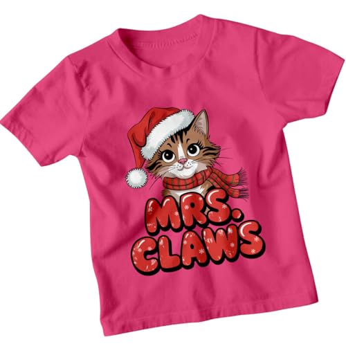 Girls Mrs. Claws Cute cat Christmas T-Shirt Tee for Kids #MC 5-6 Years Fuchsia