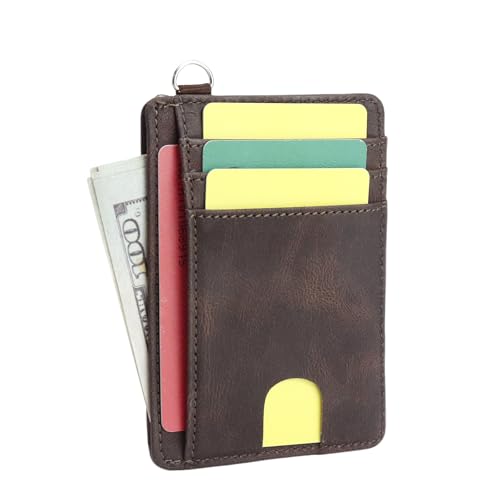 Slim Minimalist Wallet, Front Pocket Wallets with ID Window PU Leather, RFID Blocking, Credit Card Holder with D-Shackle for Men & Women (Retro Coffee)