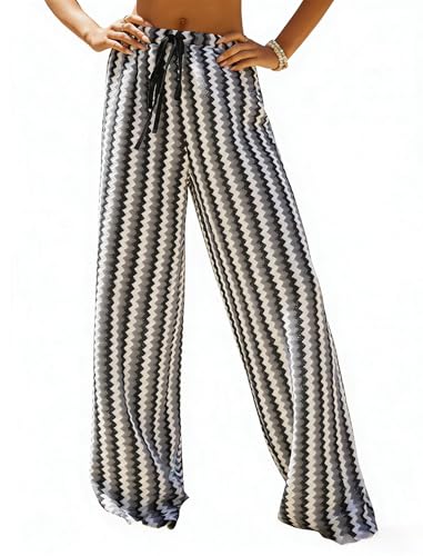 Image of ZAFUL Womens Beach Cover Up Pants Sexy Crochet Drawstring Elastic Boho Swimsuit Cover Up Long Pants Beach Wear
