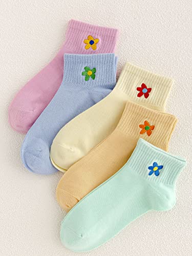 Verdusa Women's 5 Pairs Flower Embroidery Toe seamed Soft Crew Socks2