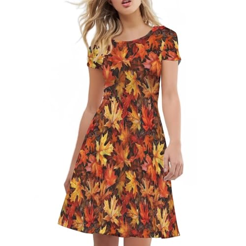 Image of POLERO Sunflower Dress for Women Floral Summer Dresses Short Sleeve Casual Sundresses Midi Dresses