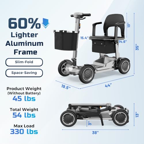 Image of Lightweight Mobility Scooter for Seniors & Adults - Airline & Cruise Approved, 45lb Portable Motorized Scooters with Dual Battery for 24.8 Miles Range, Pneumatic Tires, 330lb Capacity, Silver