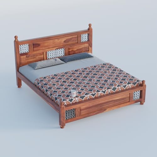 Image of Classic Jali Sheesham Wood King Size Bed Without Storage (84x74 Inch) | Wooden Double Bed Cot for Bedroom Furniture | Modern Palang Design for Home & Hotels | Honey Finish