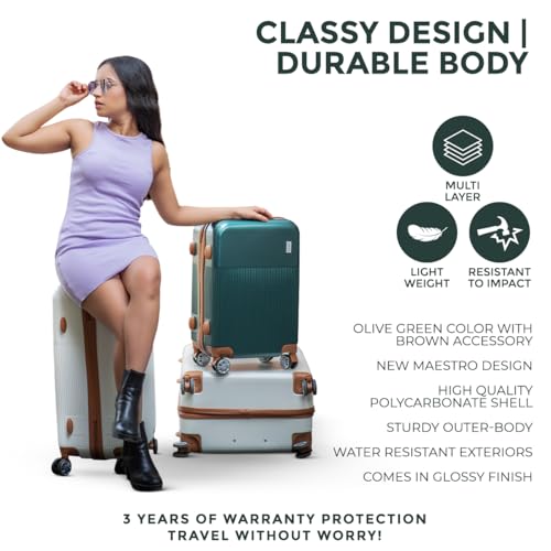 Image of Mode Maestro | Hard-Sided Polycarbonate Trolley Suitcase | 360 8-Wheel Easy Drag| Brown Color Accessories| Light-Weight | TSA Lock |3-Yr Warranty | Cabin Luggage Bag 20in (55cm (M), Olive Green)