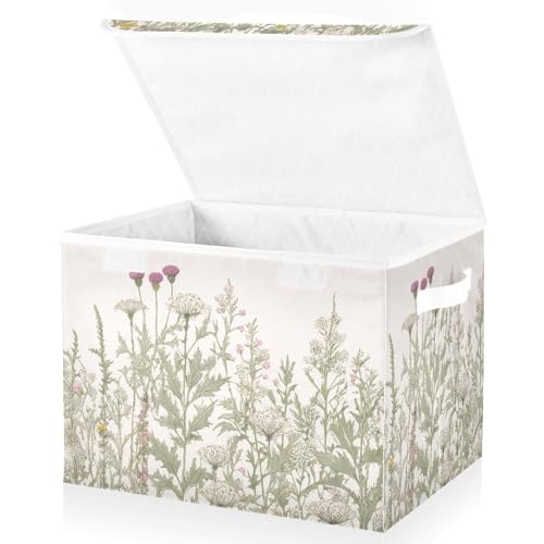 Image of xigua Vintage Colorful Herbs and Wild Flowers Floral Storage Bins with Lids and Carrying Handle,Foldable Storage Boxes Organizer Containers Baskets Cube with Cover for Home Bedroom Closet Office