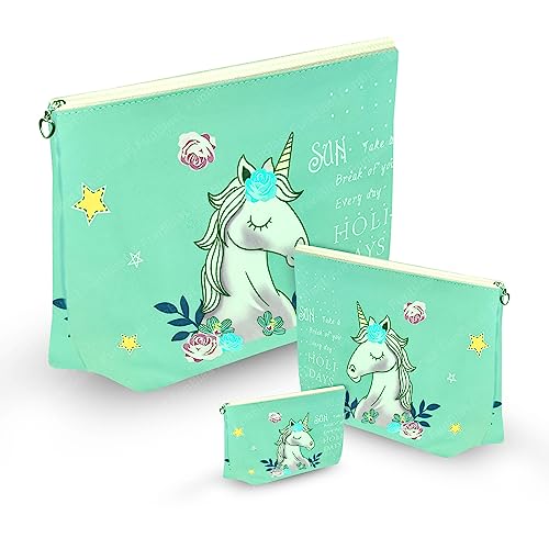 Image of FunBlast Multipurpose Canvas Pouch - Pack of 3 Pcs Pouch with Zipper Lock, Stationary Organizer Pouch, Travel Accessories Pouch Bag, Cosmetic Bag, Money Purse, Handbag (Unicorn-Sky Blue)