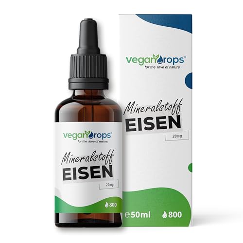 Vegan Drops - Eisen Tropfen - 20mg Eisen pro Tagesdosis - 800 Tropfen 50ml - vegan ohne Alkohol & in Deutschland produziert - zur Verringerung von Müdigkeit