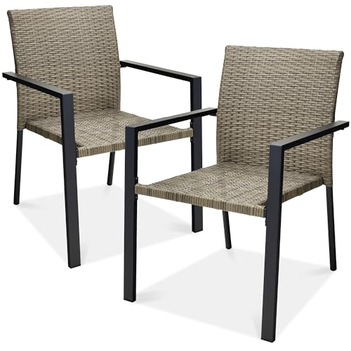 Image of Best Choice Products Set of 2 Stackable Outdoor Wicker Dining Chairs All-Weather Firepit Armchair w /Armrests, Steel Frame for Patio, Deck, Garden, Yard - Taupe