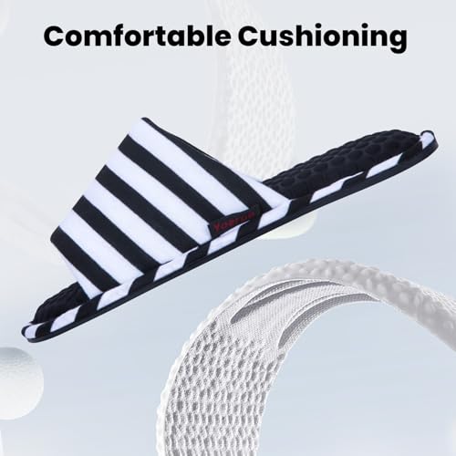 Image of Women's House Slippers Open Toe, Soft Knit Striped Bedroom Slippers with Cushioned Footbed, Non-Slip Sole for Indoor Home Use