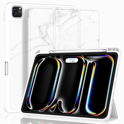 Image of ZryXal New iPad Pro 13 Inch Case (M5) 2025 / (M4) 2024 with Pencil Holder, Smart iPad Case [Support Pencil Pro and Pencil (USB-C)], Support Touch ID and Auto Wake /Sleep (Marble White)