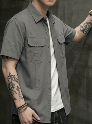 Image of SMOWKLY Men's Casual Solid Printed Cotton Regular Fit Shirt || Half Sleeve, Button Down, Double Front Pocket || Denim Jacket Style Fashionable Western Outfit