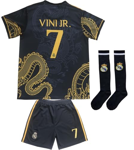 KWFOM Vini Jr 7 Vinicius Gold Dragon Limited Edition Kids Soccer Jersey Kit with Shorts/Socks Set Youth Sizes (Gold, 28)