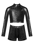 Oyolan Mädchen Tanz Kleidung Langarm Pailletten Crop Top mit Shorts Zweiteiler Hip Hop Gym Workout Tanzkostüme Tanzanzug Wettbewerbe Gym Fitness Schwarz 110-116