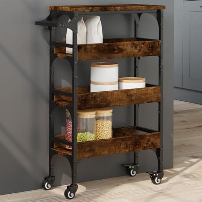 Vintage-Style Kitchen Trolley with Lockable Wheels, Engineered Wood & Steel Frame Storage Cart for Kitchen, Living Room, or Bathroom Organization-WqegurbZ