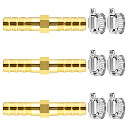Da by 3 pcs 1/4"(6mm) Brass Barb Splicer Mender Hose Barb Fitting with 6 pcs Stainless Steel Pipe Clamps for Water/Fuel/Air