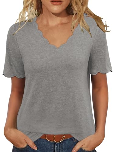 JomeDesign Womens Basic Tops Shirts Short Sleeve for Womens Summer V Neck Vacation Clothes Light Grey S