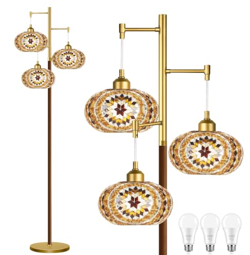 QIYIZM Moroccan Mosaic Floor Lamp for Living Room Bedroom Turkish Standing Lamp Stained Glass Lamps Gold Mid Century Tall Lamps Unique Tree 3 Light Vintage Retro Wood Floor Lights Boho Tiffany Style