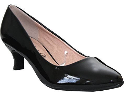 Ladies Womens Wide Fit Memory Foam Comfort Plus Patent Formal Slip On Kitten Heel Party Office Work Court Shoes - Sizes UK 3-8 (UK 8, Black)