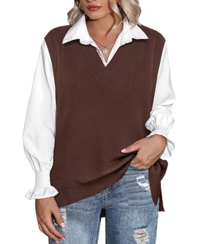 CARCOS Plus Size Sweater Vest for Women Preppy Style V Neck Sleeveless Sweaters Knit Pullover Tank Tops XL-5XL