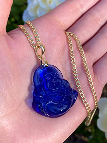 Happy Laughing Buddha Blue Jade Pendant Necklace With Cuban Chain - Genuine Certified Grade A Jadeite Hand Crafted - 14k Gold Filled Medallion4