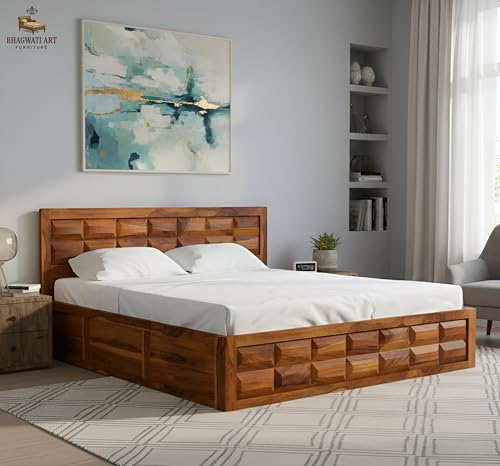 Image of Sheesham Wood King Size Bed with Storage Box | Wooden Box Bed King Size Double Cot Bed with Storage for Bedroom | Premium Barfi Design Headboard Bed for Hotel, Home | Honey Finish