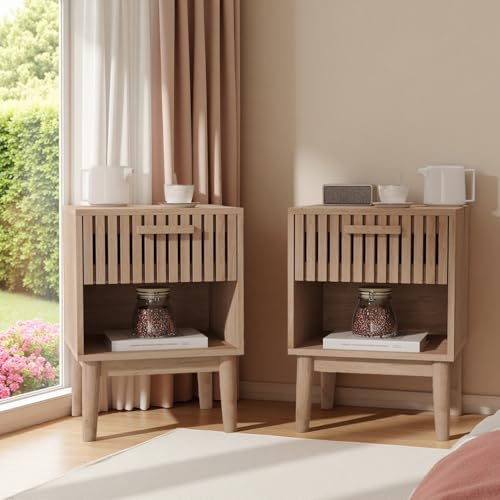Plcnn Lot de 2 Tables de Chevet avec 1 tiroir et Niche, Table de Nuit avec Compartiments Ouverts, Table Basse, Rangement pour Chambre à Coucher, Naturel