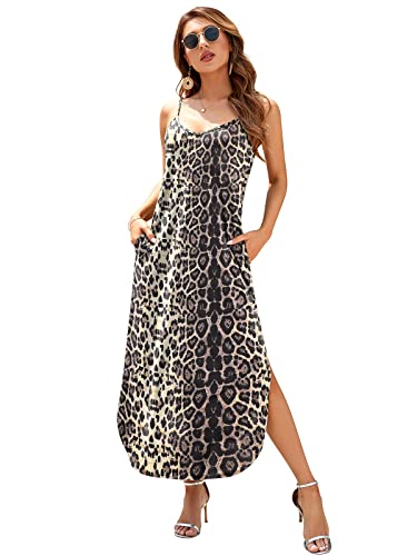Image of HUSKARY Women's Summer Casual Sleeveless V Neck Strappy Split Loose Dress Beach Cover Up Long Cami Maxi Dresses with Pocket