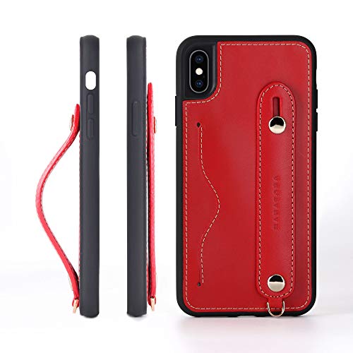 iPhone XsMax グリップケース レザー 本革 ストラップ付属 イタリア製牛革 ヌメ革 片手操作 カード収納 スタンド機能 メンズ レディース レッド