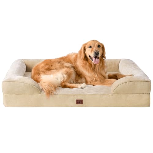 Image of EHEYCIGA Orthopedic Dog Beds for Extra Large Dogs, Waterproof Memory Foam XL Pet Bed with Sides, Non-Slip Bottom and Egg-Crate Foam Big Dog Couch Bed with Washable Removable Cover, Greige