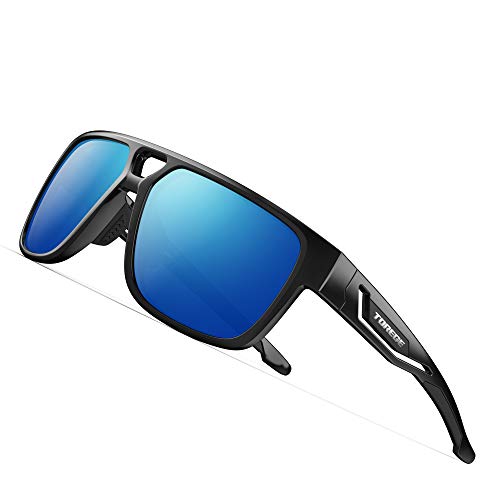 TOREGE TR14 Polarized Sports Sunglasses — Black Frame, Blue Lens