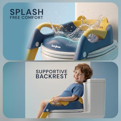 Image of Baybee Aura Pro Baby Ladder Potty Training Seat for Kids | Foldable Baby Western Toilet Seat with Adjustable Height, Grip Handle & Backrest | Potty Training Seat Chair for Kids 1 to 8 Years (Blue)