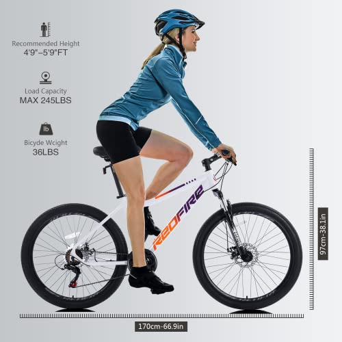 Redfire Mountain Bike For Women, 26 Inch Wheels, 21-Speed Shimano Drivetrain And Front Suspension, Dual Disc Brake And Adjustable Stem, 16 Inch Frame, Youth/Adult Mountain Bike,White #TOP5