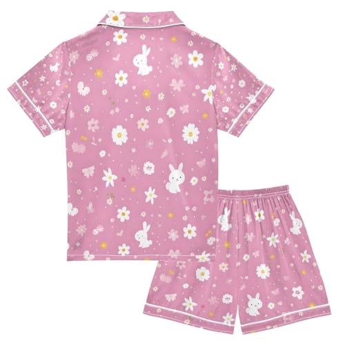 senya Rabbits Flowers Pink Satin Summer Pajama Sets Silk Short Sleeve Button Down Sleepwear2