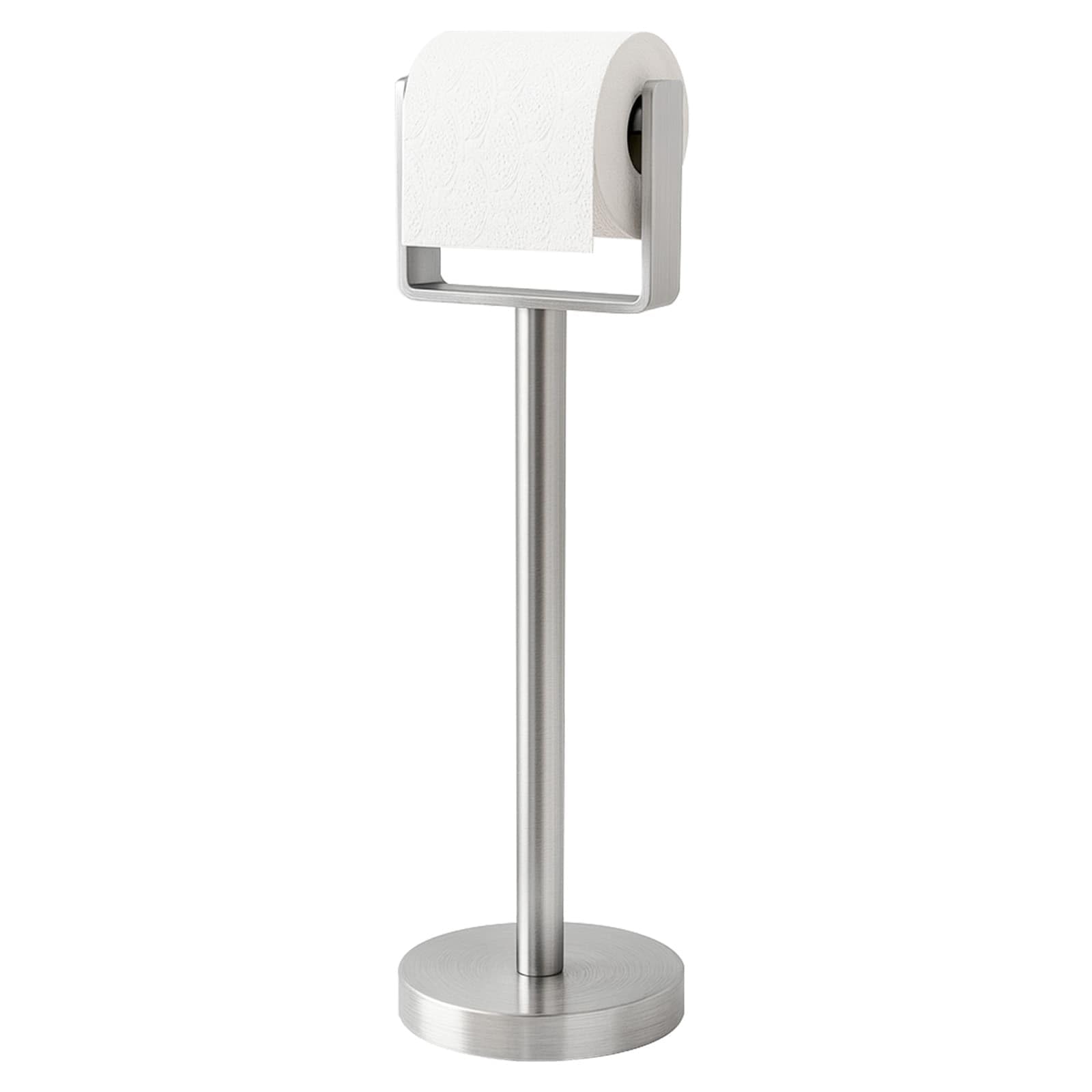 YUMORE Toilet Paper Holder Free Standing, Stainless Steel Toilet Paper Stand, Weighted Base Floor Tissue Roll Holder for Bathroom, Brushed Nickel 200UP